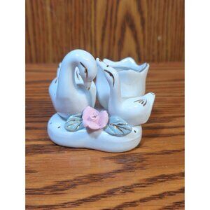 Vintage Ceramic Swan Pair Vase With Pink Flower Accents